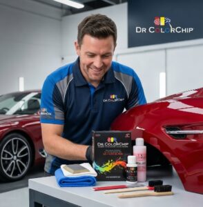 A man in a garage touching up the paint of a car. He is happy.